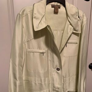 Peck & Peck Silk hooded greenish/yellow jacket w drawstring waist, L, like new!!